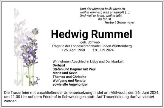 Traueranzeige von Hedwig Rummel von Schwetzinger Zeitung