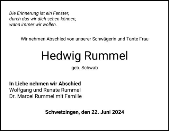 Traueranzeige von Hedwig Rummel von Schwetzinger Zeitung