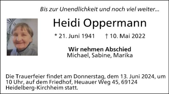 Traueranzeige von Heidi Oppermann von Mannheimer Morgen