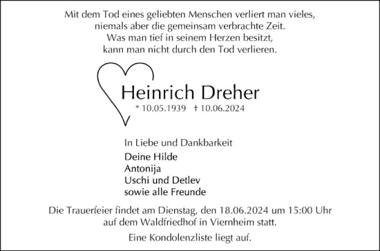 Traueranzeige von Heinrich Dreher von Mannheimer Morgen