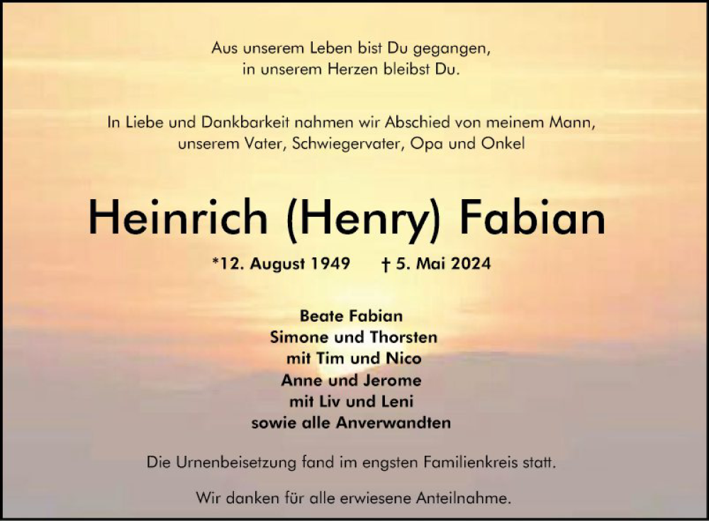  Traueranzeige für Heinrich  Fabian vom 15.06.2024 aus Bergsträßer Anzeiger