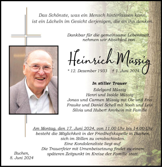 Traueranzeige von Heinrich Müssig von Fränkische Nachrichten