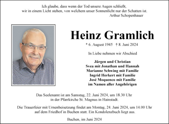 Traueranzeige von Heinz Gramlich von Fränkische Nachrichten
