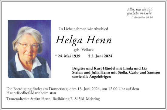 Traueranzeige von Helga Henn von Mannheimer Morgen