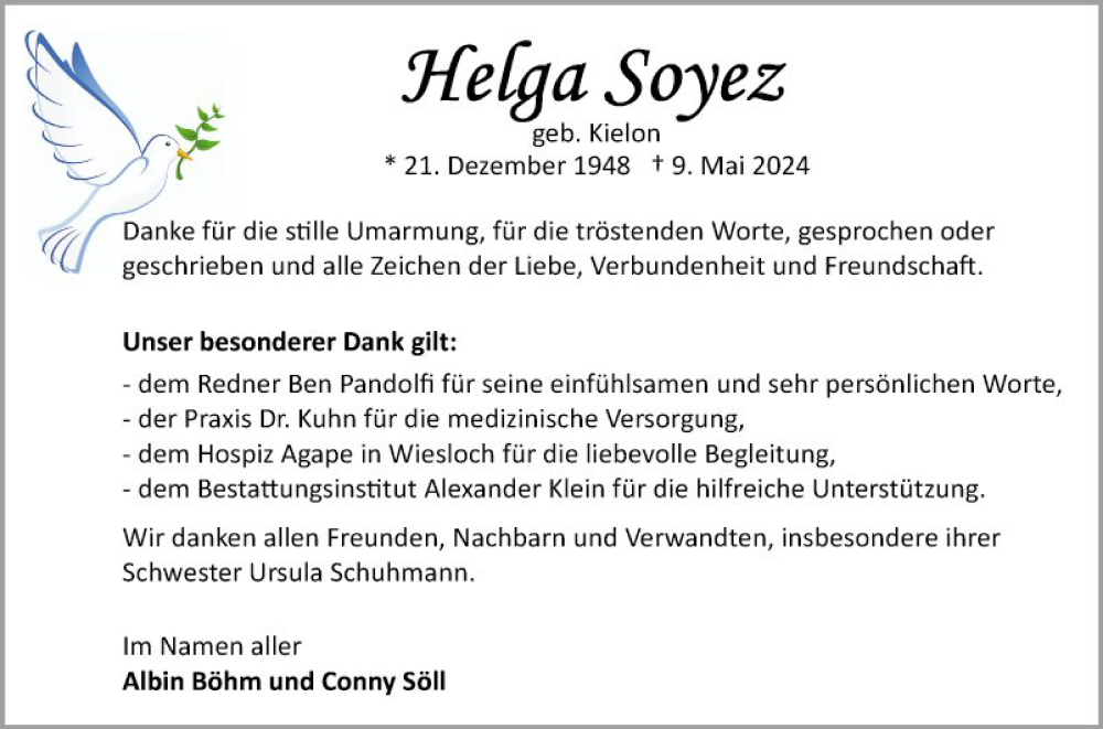  Traueranzeige für Helga Soyez vom 29.06.2024 aus Schwetzinger Zeitung