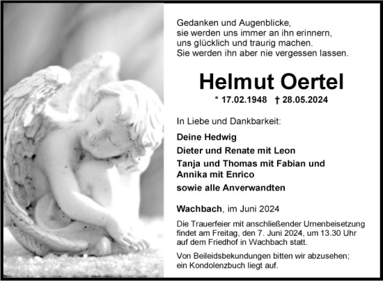 Traueranzeige von Helmut Oertel von Fränkische Nachrichten