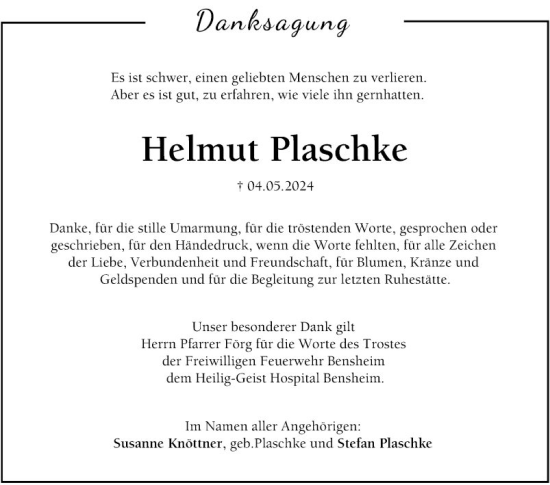 Traueranzeige von Helmut Plaschke von Bergsträßer Anzeiger