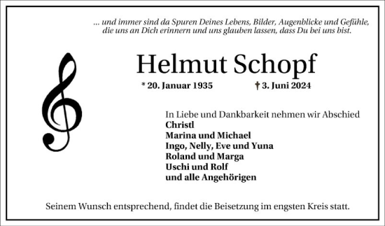 Traueranzeige von Helmut Schopf von Schwetzinger Zeitung
