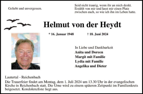 Traueranzeige von Helmut von der Heydt von Bergsträßer Anzeiger