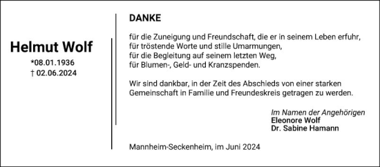 Traueranzeige von Helmut Wolf von Mannheimer Morgen