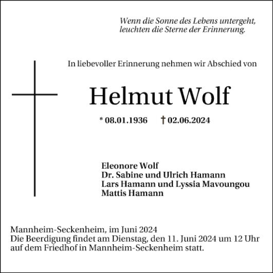 Traueranzeige von Helmut Wolf von Mannheimer Morgen