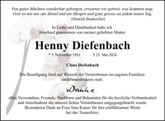 Traueranzeige von Henny Diefenbach von Mannheimer Morgen