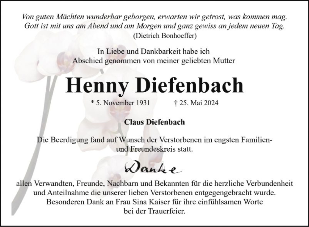  Traueranzeige für Henny Diefenbach vom 22.06.2024 aus Mannheimer Morgen