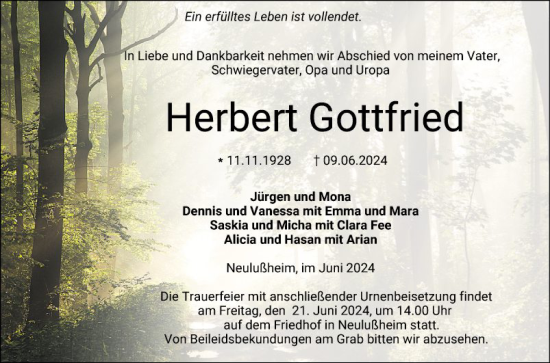 Traueranzeige von Herbert Gottfried von Schwetzinger Zeitung