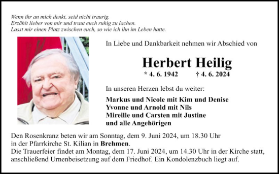 Traueranzeige von Herbert Heilig von Fränkische Nachrichten