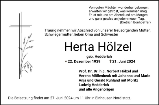 Traueranzeige von Herta Hölzel von Bergsträßer Anzeiger