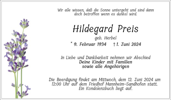 Traueranzeige von Hildegard Preis von Mannheimer Morgen