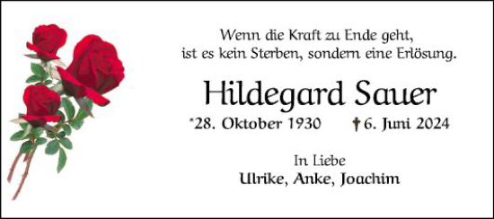Traueranzeige von Hildegard Sauer von Mannheimer Morgen