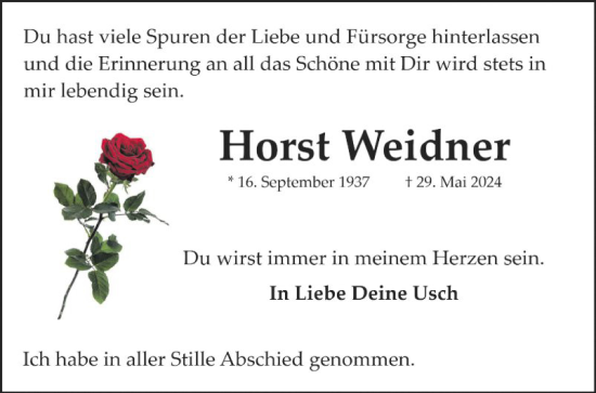 Traueranzeige von Horst Weidner von Mannheimer Morgen