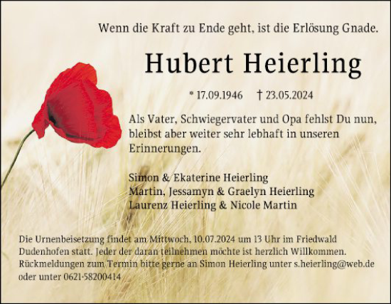 Traueranzeige von Hubert Heierling von Mannheimer Morgen