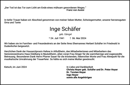 Traueranzeige von Inge Schäfer von Schwetzinger Zeitung
