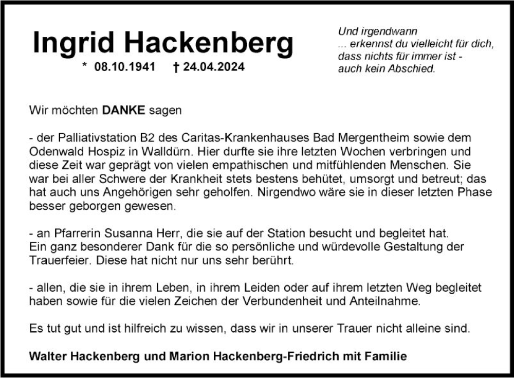  Traueranzeige für Ingrid Hackenberg vom 15.06.2024 aus Fränkische Nachrichten