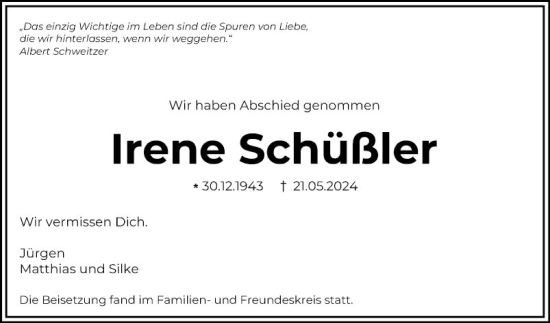 Traueranzeige von Irene Schüßler von Bergsträßer Anzeiger