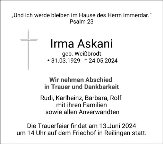 Traueranzeige von Irma Askani von Schwetzinger Zeitung