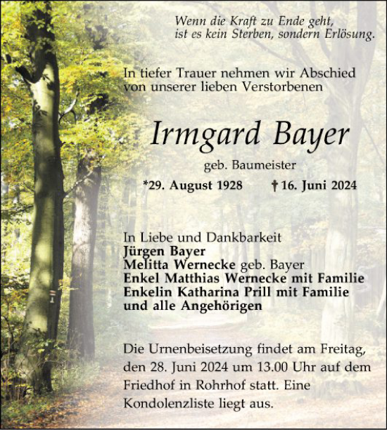 Traueranzeige von Irmgard Bayer von Schwetzinger Zeitung