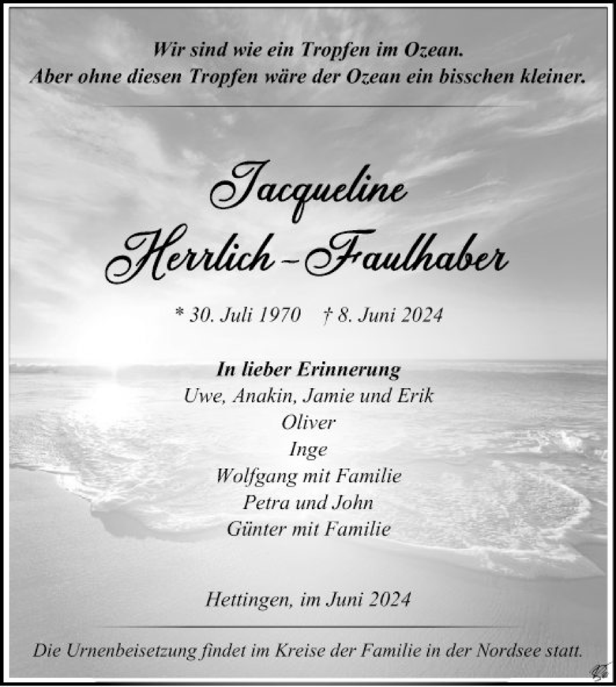  Traueranzeige für Jacqueline Herrlich-Faulhaber vom 15.06.2024 aus Fränkische Nachrichten