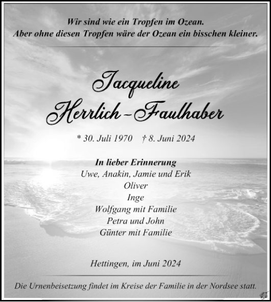 Traueranzeige von Jacqueline Herrlich-Faulhaber von Fränkische Nachrichten