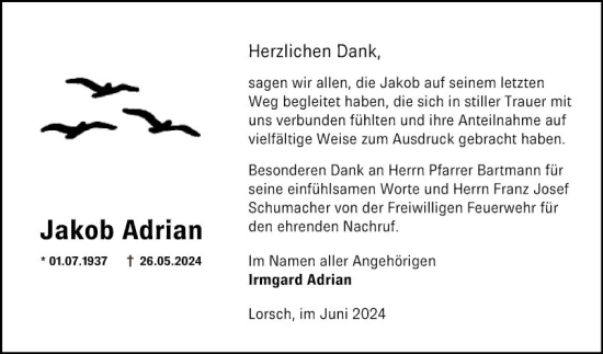 Traueranzeige von Jakob Adrian von Bergsträßer Anzeiger