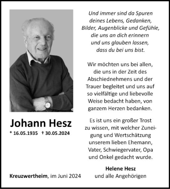 Traueranzeige von Johann Hesz von Fränkische Nachrichten