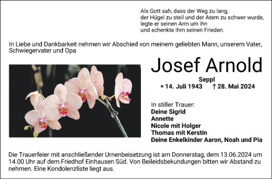 Traueranzeige von Josef Arnold von Bergsträßer Anzeiger