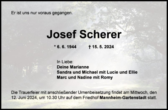 Traueranzeige von Josef Scherer von Mannheimer Morgen