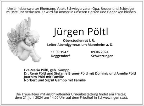 Traueranzeige von Jürgen Pöltl von Mannheimer Morgen