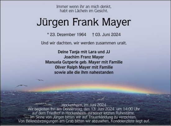 Traueranzeige von Jürgen Frank Mayer von Schwetzinger Zeitung