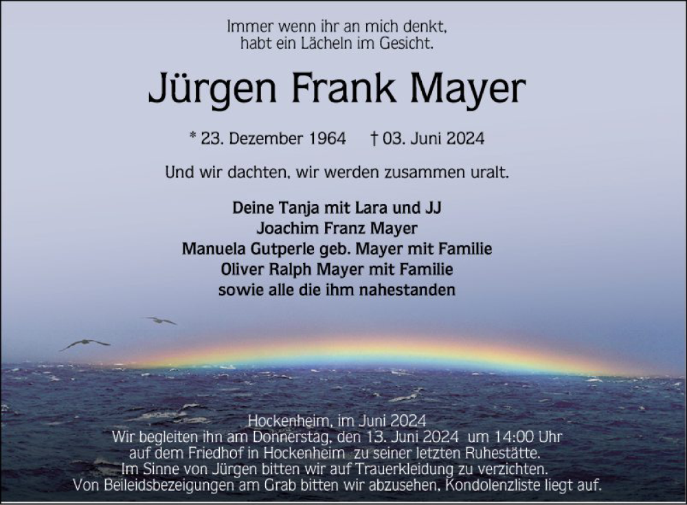  Traueranzeige für Jürgen Frank Mayer vom 08.06.2024 aus Schwetzinger Zeitung