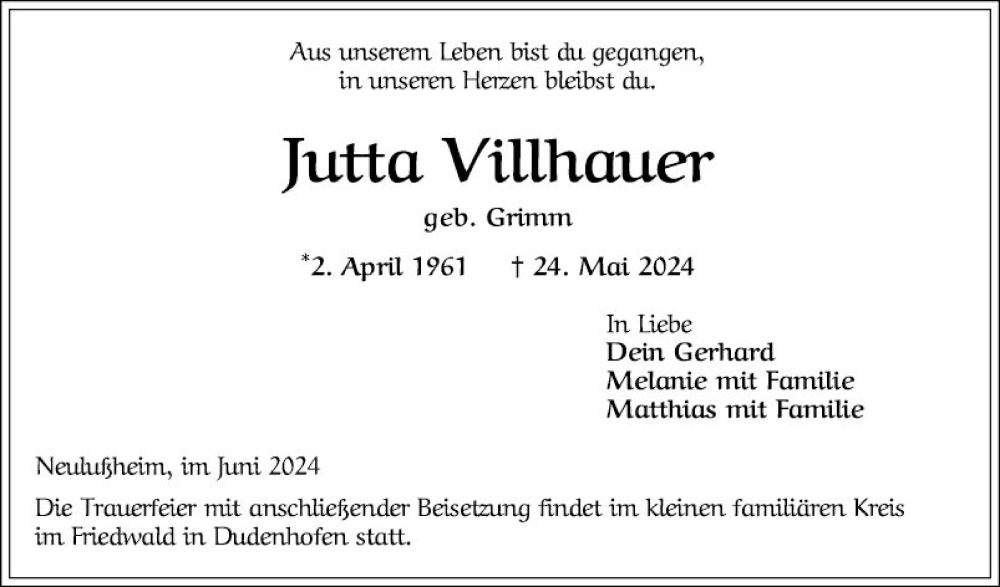 Traueranzeige für Jutta Villhauer vom 05.06.2024 aus Schwetzinger Zeitung