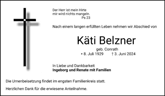 Traueranzeige von Käti Belzner von Bergsträßer Anzeiger