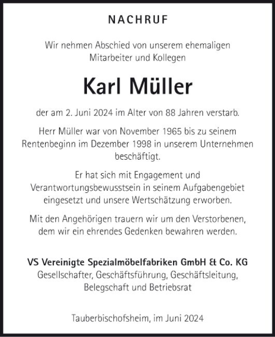 Traueranzeige von Karl Müller von Fränkische Nachrichten