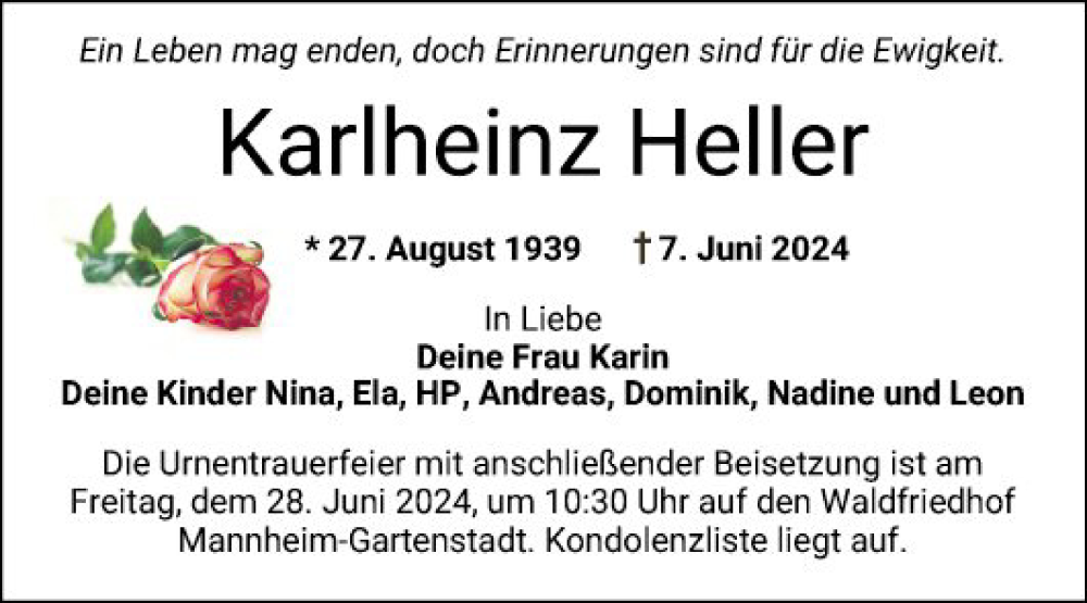  Traueranzeige für Karlheinz Heller vom 22.06.2024 aus Mannheimer Morgen