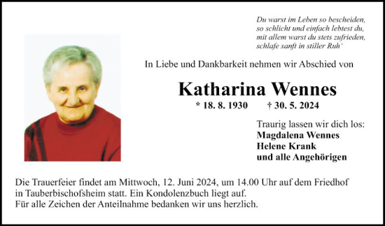 Traueranzeige von Katharina Wennes von Fränkische Nachrichten