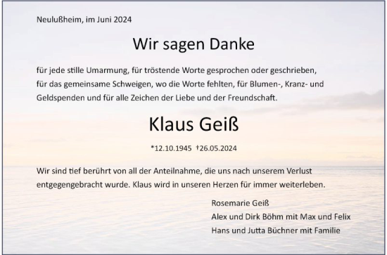 Traueranzeige von Klaus Geiss von Schwetzinger Zeitung