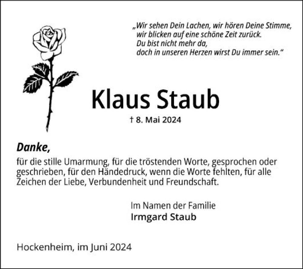  Traueranzeige für Klaus Staub vom 15.06.2024 aus Schwetzinger Zeitung