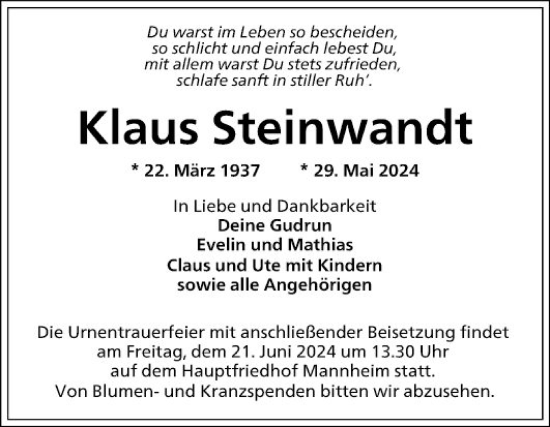 Traueranzeige von Klaus Steinwandt von Mannheimer Morgen