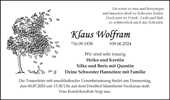 Traueranzeige von Klaus Wolfram von Mannheimer Morgen