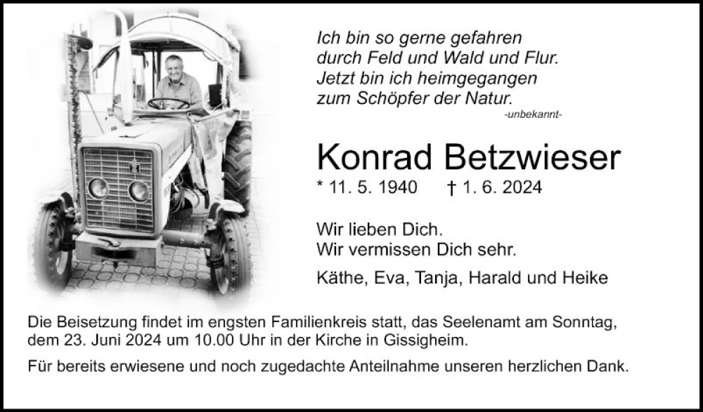  Traueranzeige für Konrad Betzwieser vom 15.06.2024 aus Fränkische Nachrichten