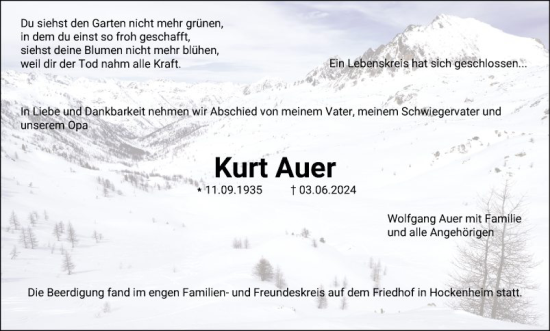 Traueranzeige von Kurt Auer von Schwetzinger Zeitung