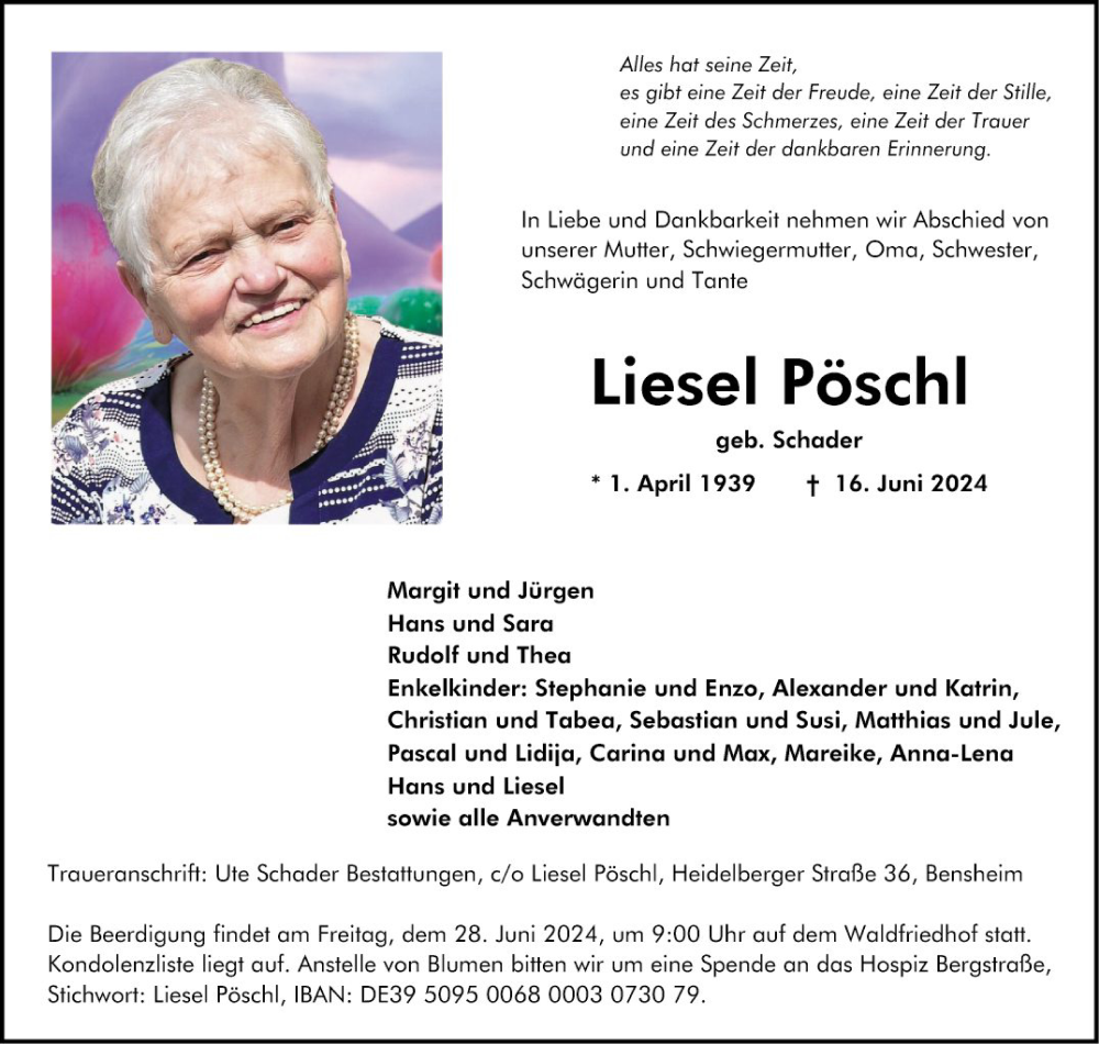  Traueranzeige für Liesel Pöschl vom 22.06.2024 aus Bergsträßer Anzeiger